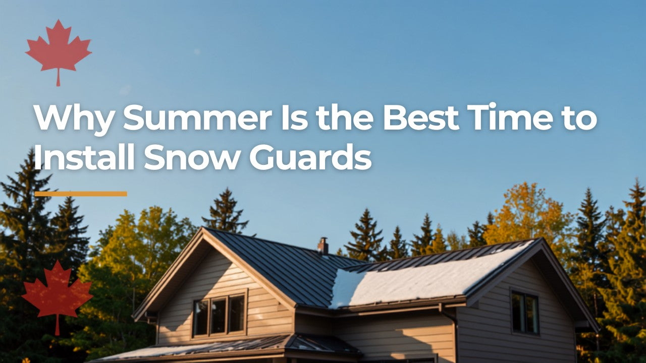 Modern Canadian home with a metal roof and snow guards under a sunny summer sky — why summer is the best time to install snow guards in Canada