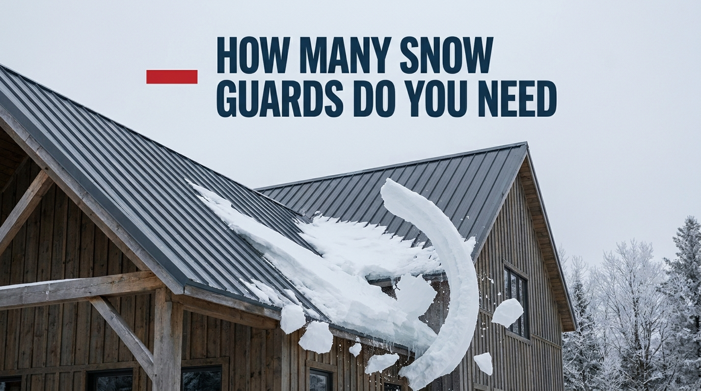 Sheet of snow sliding off a steep standing-seam metal roof of a Canadian home with the headline How Many Snow Guards Do You Need