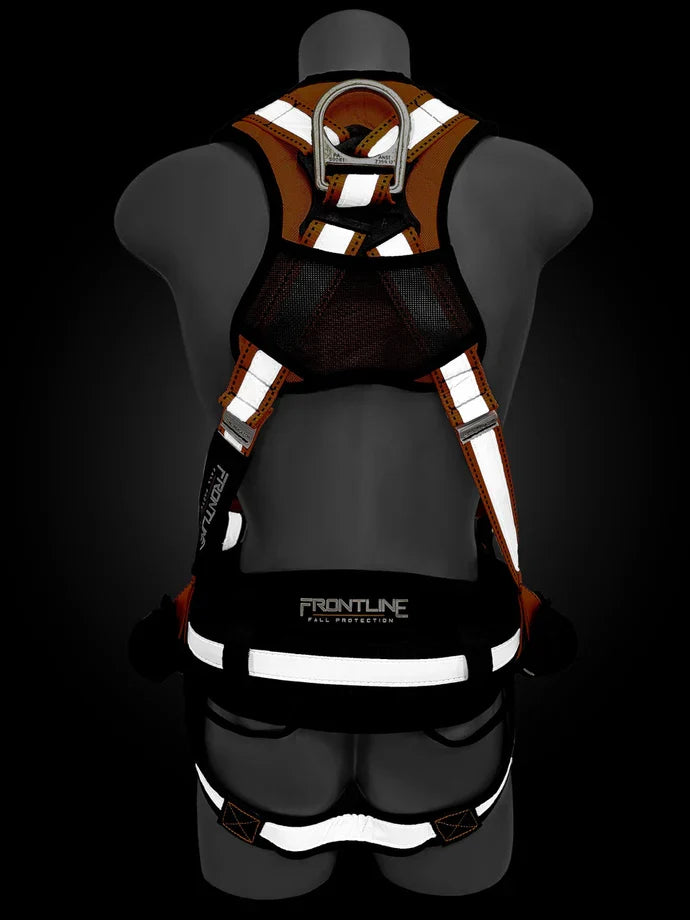Frontline 100RCTB reflective harness rear view in low light showing dorsal D-ring and reflective tape