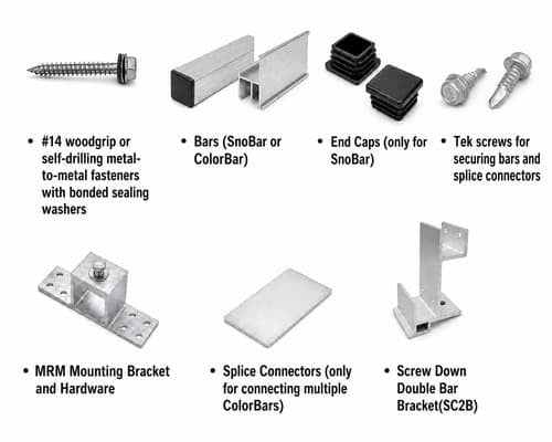 Collection of architectural fasteners and components on a white background