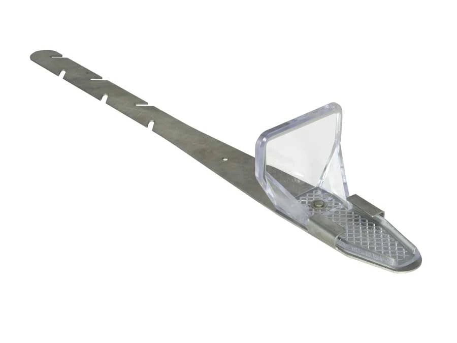SlateGuard clear polycarbonate snow guard on 304 stainless steel strap for slate and shingle roofs