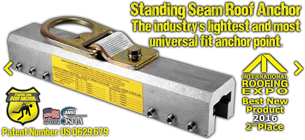 Non-penetrating SSRA1 clamp-on anchor installed on a standing seam metal roof